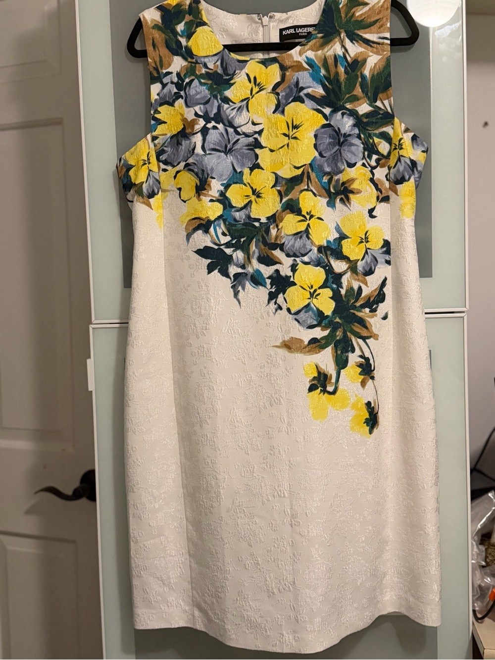 Karl Lagerfeld White Floral Shift Dress with Yellow and Blue Blooms